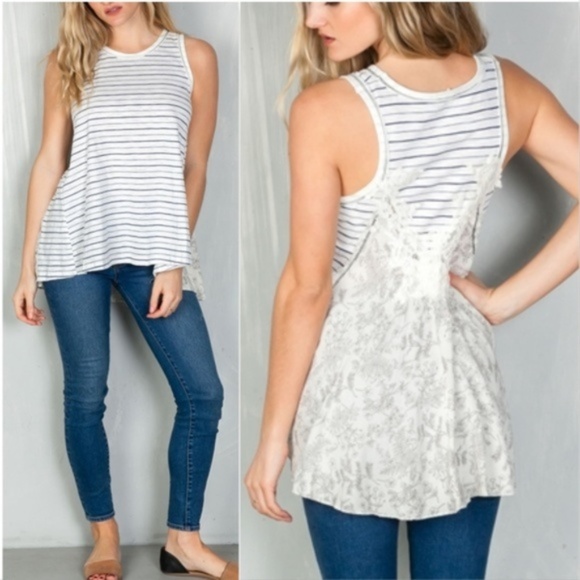 STRIPES & FLORAL CAUSAL TANK TOP - Picture 2 of 4